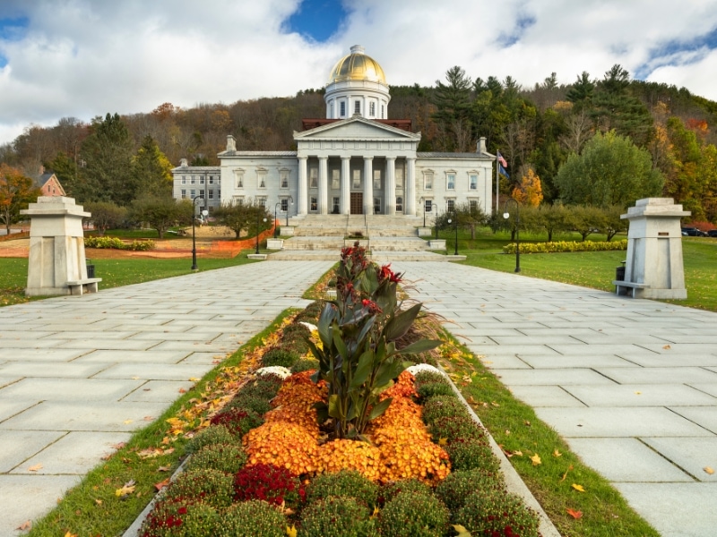 A row of flowers leading up to Vermont State House